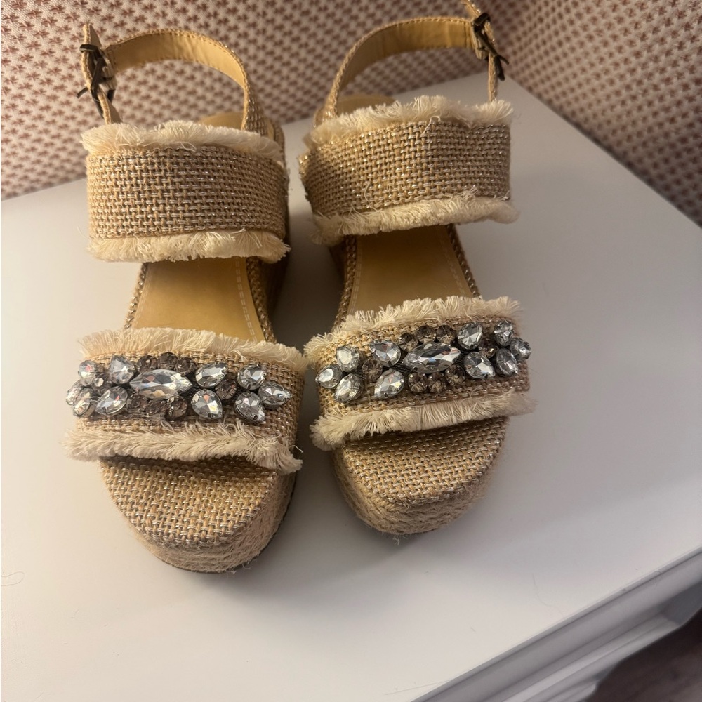 Crown Vintage Tan Wedges with Crystal Accents